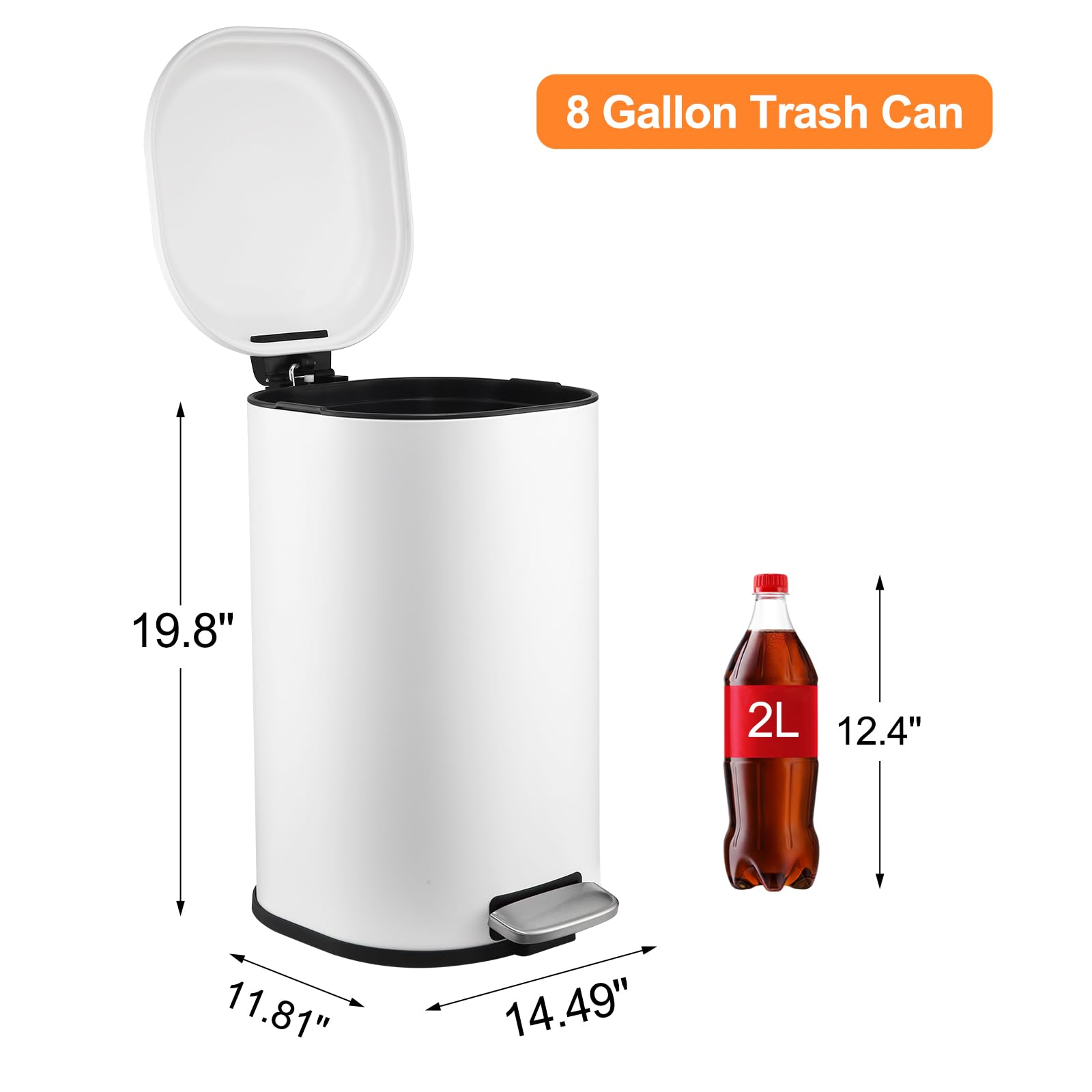 8 Gallon Step Trash Can, Square Fingerprint-Proof Foot Pedal Garbage Can with Soft-Close Lid for Kitchen Bathroom Bedroom Living Room Home Office Dorm, without Inner Bucket, 30-Liter, White