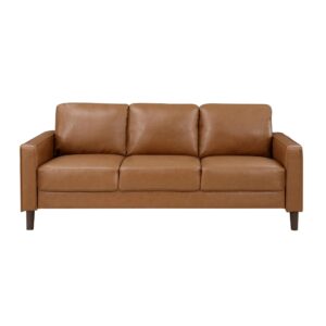 Benjara Stark 77 Inch Sofa, Brown Faux Leather, Track Style Arms, Solid Wood Frame