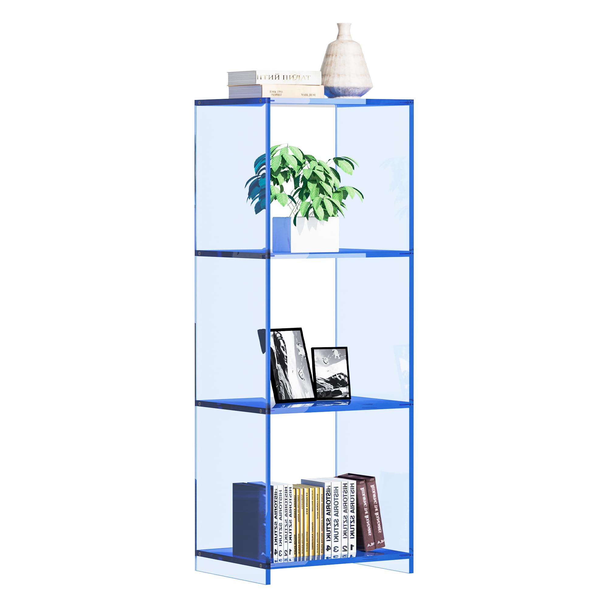 3 Tier Acrylic Bookcase, Clear Floor Standing Acrylic Bookshelf, 31.5 inch Tall Display Cube Storage Shelf Home Decor Furniture for Home, Office, Living Room, Bedroom, Blue