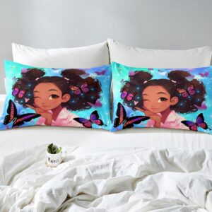 Cute Black Girls Bedding Set Full Size Pretty Girls Duvet Cover, American Black Girls Comforter Cover for Girls Kids Kawaii Princess Bedroom Decor, Afro Girls Bedspread Cover Dreamy Butterfly Bedding