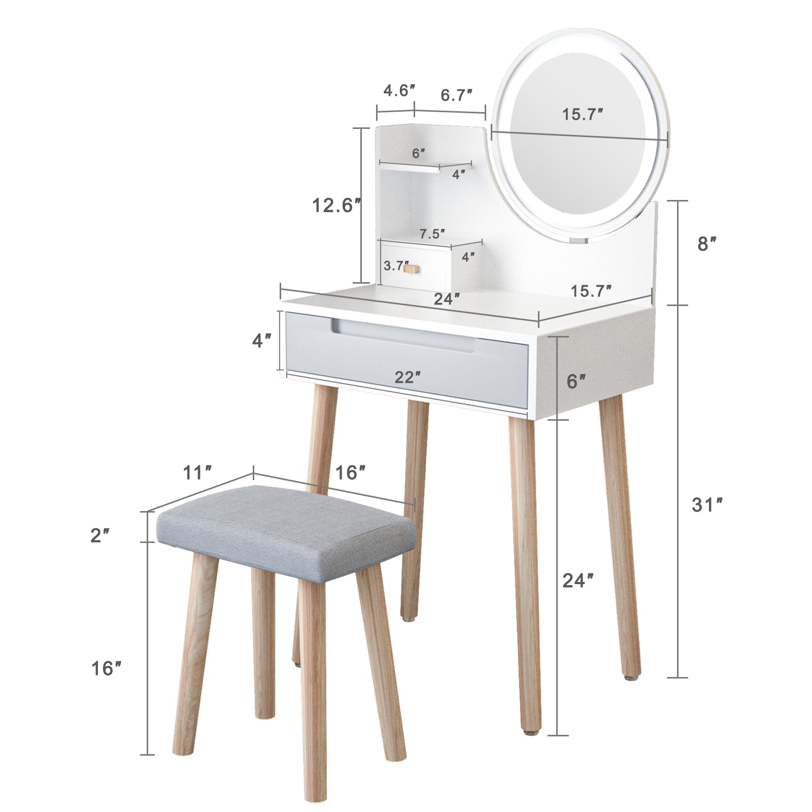 ARTETHYS Small Vanity Desk Set with 3 Adjustable Lighted Mirror and Storage Shelf White and Grey Tiny Vanity Table with Drawer for Bedroom 24 Inch Makeup Vanity Compact Dressing Table for Small Space