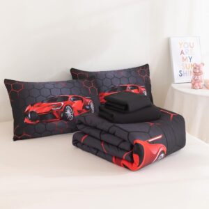 Podol 5 Pieces Race Car Comforter Set Twin Size Red Sports Car Bedding Sets for Boy 3D Geometric Bed in a Bag with 1 Comforter, 2 Pillowcases, 1 Flat Sheet and 1 Fitted Sheet