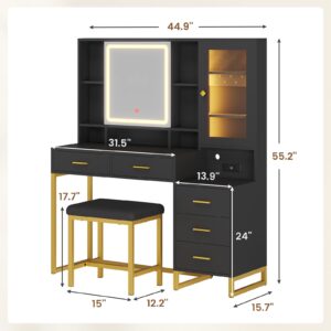 BTHFST Makeup Vanity with Upholstered Stool & Charging Station, Vanity Desk with Mirror and Lights & Jewelry Storage, Vanity Table Set with RGB Lights & 5 Drawers & Shelves, Black & Gold