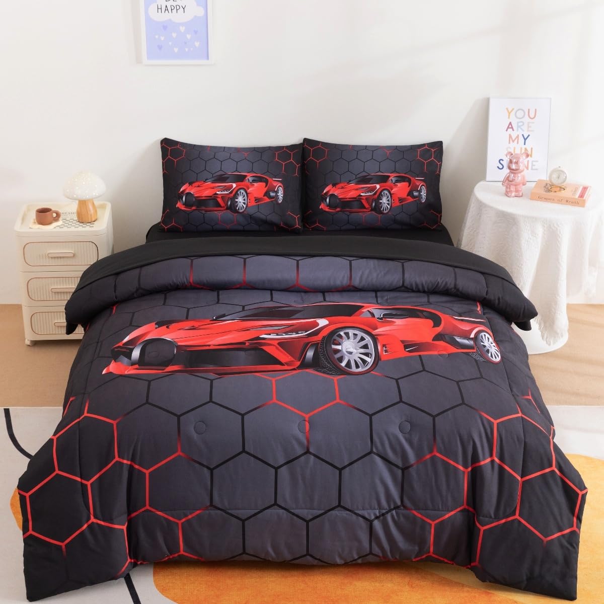 Podol 5 Pieces Race Car Comforter Set Twin Size Red Sports Car Bedding Sets for Boy 3D Geometric Bed in a Bag with 1 Comforter, 2 Pillowcases, 1 Flat Sheet and 1 Fitted Sheet