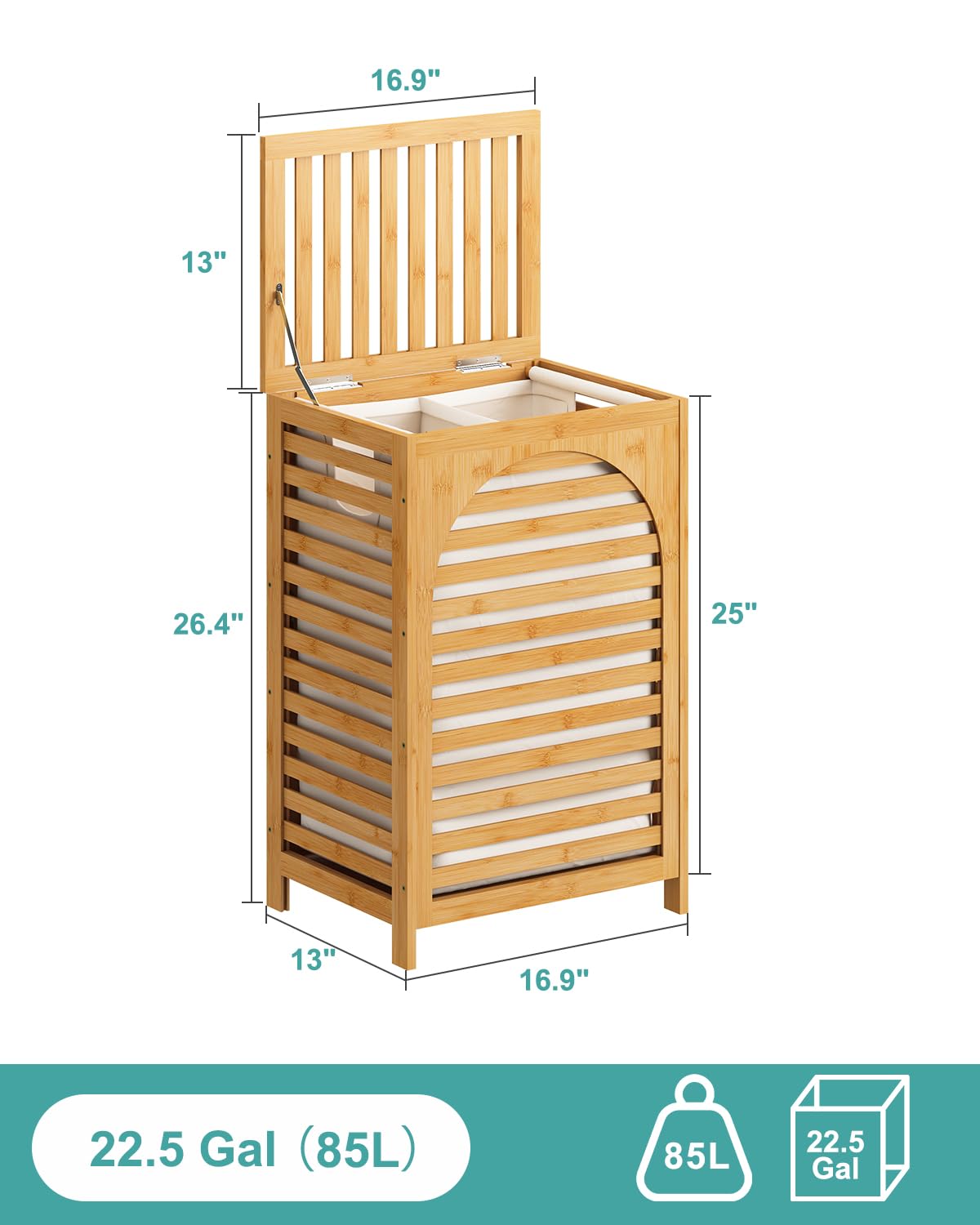 Laundry Hamper, 22.5 Gallon (85L) Bamboo Wood Clothes Laundry Basket with Lid and Handles, Removable Liner (Natural)