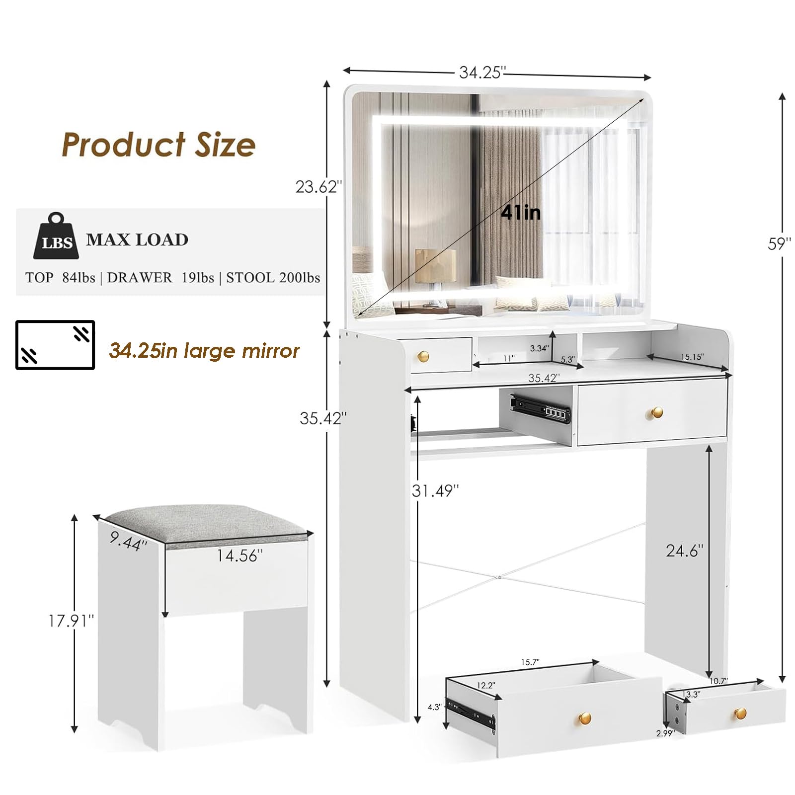 JanflyHome Vanity Desk with Mirror and Lights, Makeup Vanity Table with Drawers, Storage Stool, 41" Large Mirror Dressing Table Vanity Set for Girls Women Bedroom, White