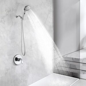 POP SANITARYWARE Shower Faucet Set Chrome, High Pressure 9-mode Handheld Shower Head System, Single Handle Shower Valve and Trim Kit, Built-in Power Spray to Clean