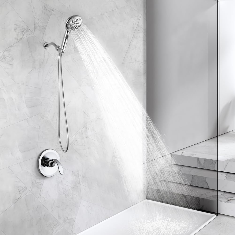 POP SANITARYWARE Shower Faucet Set Chrome, High Pressure 9-mode Handheld Shower Head System, Single Handle Shower Valve and Trim Kit, Built-in Power Spray to Clean