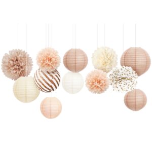 nicrohome wedding decorations, 12 pcs champagne tissue paper pom poms and lanterns set, creamy white paper flowers for engagement receptions, boho bridal showers party supplies