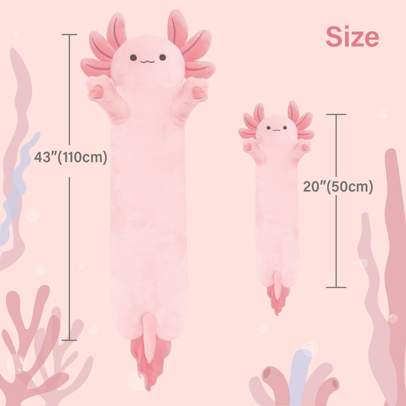 YUNCOL Axolotl Plush,Long Axolotl Plush Toys Pillow,19.6 Inch Cute Axolotl Stuffed Animal,Axolotl Plush Toy Gift for Girls Boys