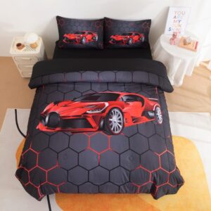 podol 5 pieces race car comforter set twin size red sports car bedding sets for boy 3d geometric bed in a bag with 1 comforter, 2 pillowcases, 1 flat sheet and 1 fitted sheet