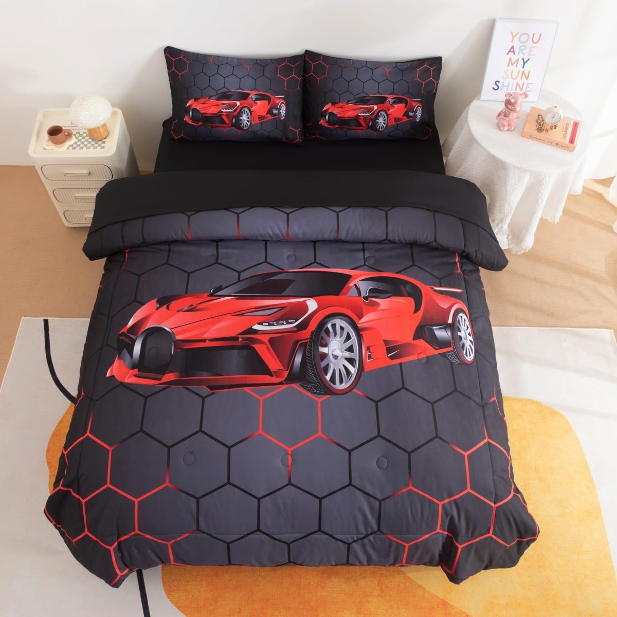 Podol 5 Pieces Race Car Comforter Set Twin Size Red Sports Car Bedding Sets for Boy 3D Geometric Bed in a Bag with 1 Comforter, 2 Pillowcases, 1 Flat Sheet and 1 Fitted Sheet