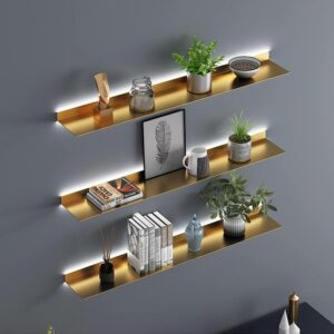 1pcs led floating display shelf with built-in illuminated lights, wall mounted metal emitting shelf lighted display shelf, creative hanging shelf for living room, bedroom, kitchen,gold,150cm/59in