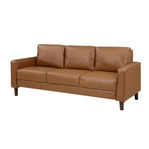 Benjara Stark 77 Inch Sofa, Brown Faux Leather, Track Style Arms, Solid Wood Frame