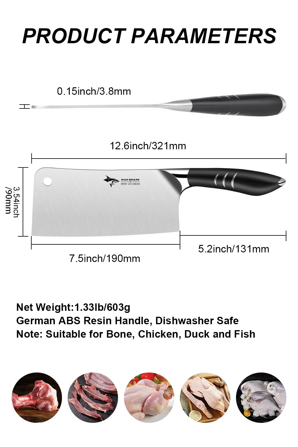 MAD SHARK Meat Cleaver Knife, German Stainless Steel Professional Butcher Chopper 7.5 Inch, Stainless Steel Handle, Heavy Duty Blade for Home Kitchen and Restaurant