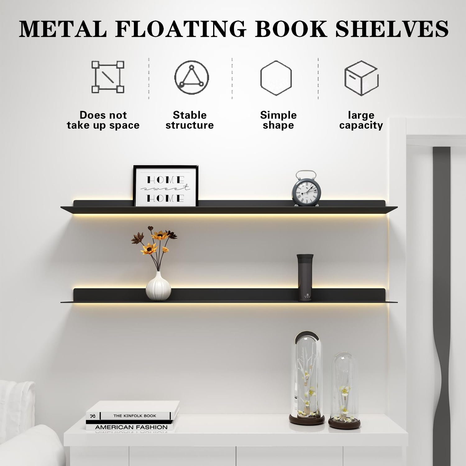 1pcs LED Floating Display Shelf with Built-in Illuminated Lights, Wall Mounted Metal Emitting Shelf Lighted Display Shelf, Creative Hanging Shelf for Living Room, Bedroom, Kitchen,Gold,150cm/59in