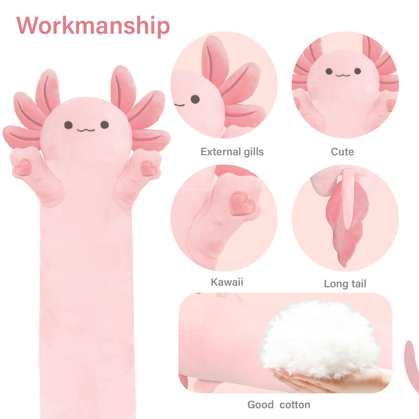 YUNCOL Axolotl Plush,Long Axolotl Plush Toys Pillow,19.6 Inch Cute Axolotl Stuffed Animal,Axolotl Plush Toy Gift for Girls Boys