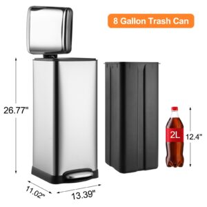 8 Gallon Step Trash Can, Square Fingerprint-Proof Garage Can with Soft-Close Lid for Kitchen Bathroom Bedroom Living Room Home Office Dorm, Foot Pedal Garbage Bin with Removable Inner Bucket, 30-Liter