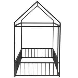 YOPTO Twin Size Metal House Shaped Floor Bed with Full Length Fence,Playhouse Bed Frame W/Pitched Roof Design,Easy Assembly,for Kids,Boys and Girls