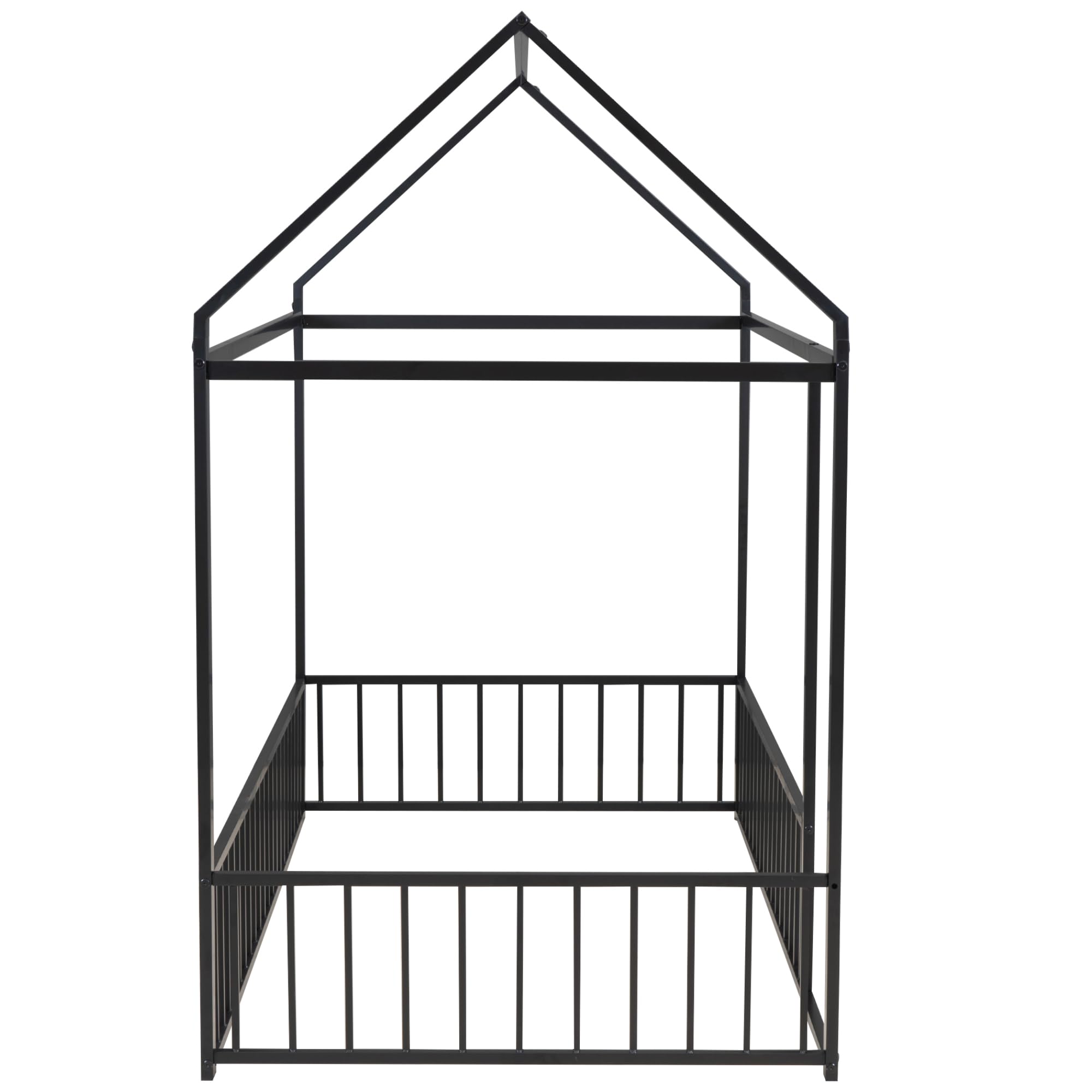 YOPTO Twin Size Metal House Shaped Floor Bed with Full Length Fence,Playhouse Bed Frame W/Pitched Roof Design,Easy Assembly,for Kids,Boys and Girls