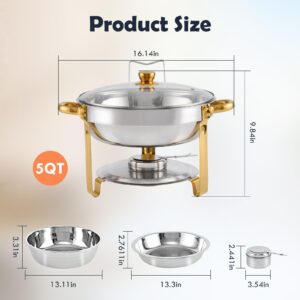 Gold Chafing Dish Buffet Set 5QT 4Packs, Stainless Steel Round Chafers with Glass Viewing Lid & Lid Holder, Buffet Servers and Warmers Set for Dinner, Parties, Wedding, Camping