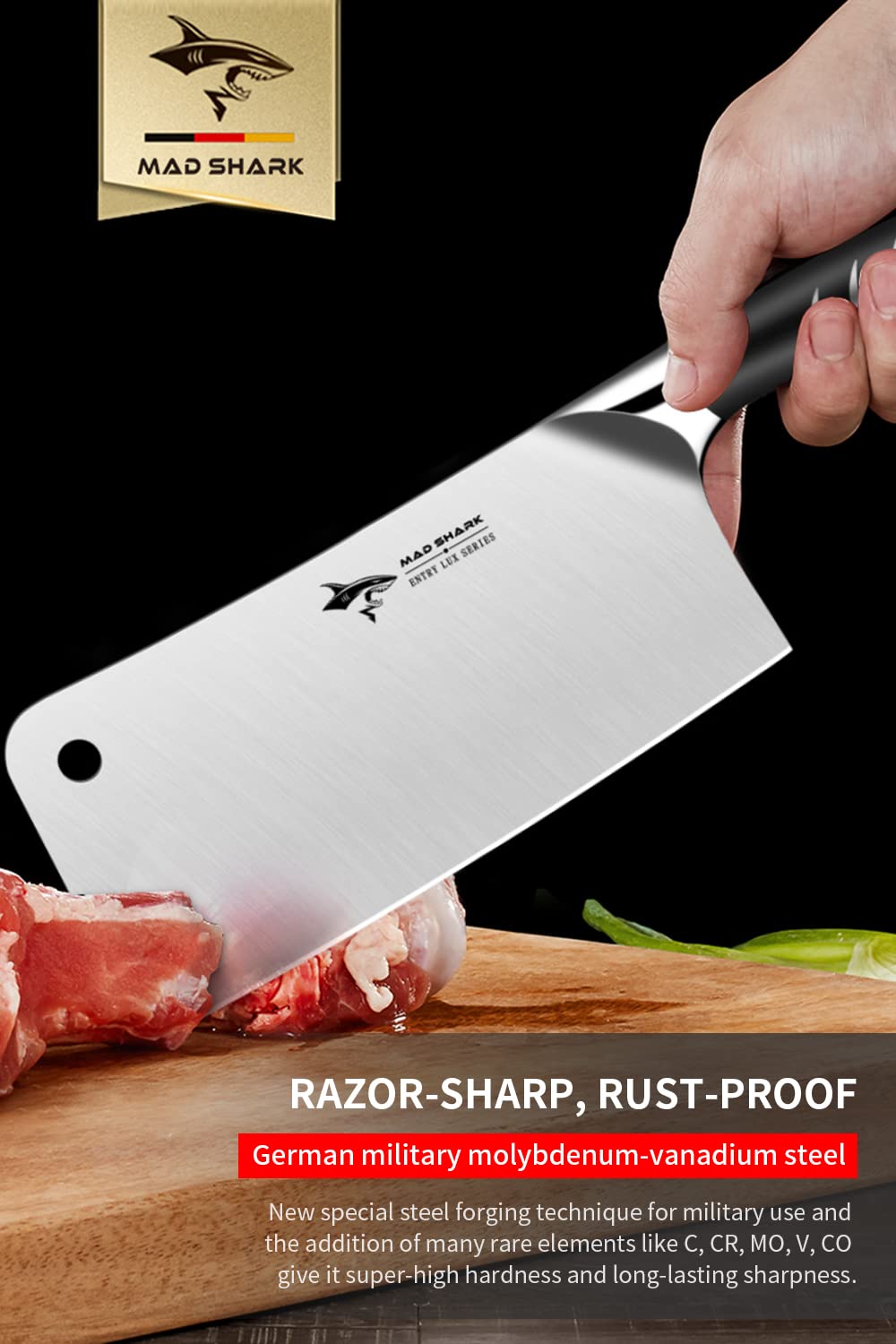 MAD SHARK Meat Cleaver Knife, German Stainless Steel Professional Butcher Chopper 7.5 Inch, Stainless Steel Handle, Heavy Duty Blade for Home Kitchen and Restaurant