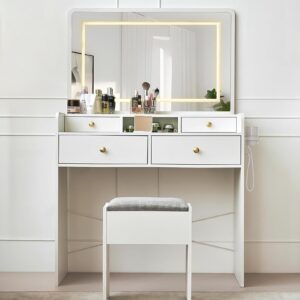 janflyhome vanity desk with mirror and lights, makeup vanity table with drawers, storage stool, 41" large mirror dressing table vanity set for girls women bedroom, white