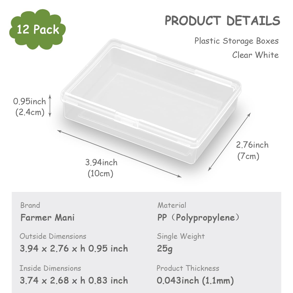 Farmer Mani 12 Pieces Rectangular Clear Plastic Storage Containers for Tiny Items and Other Craft Projects. (3.94 x 2.76 x 0.95 inch)