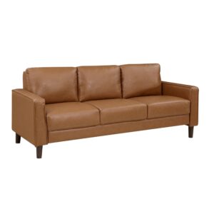 benjara stark 77 inch sofa, brown faux leather, track style arms, solid wood frame