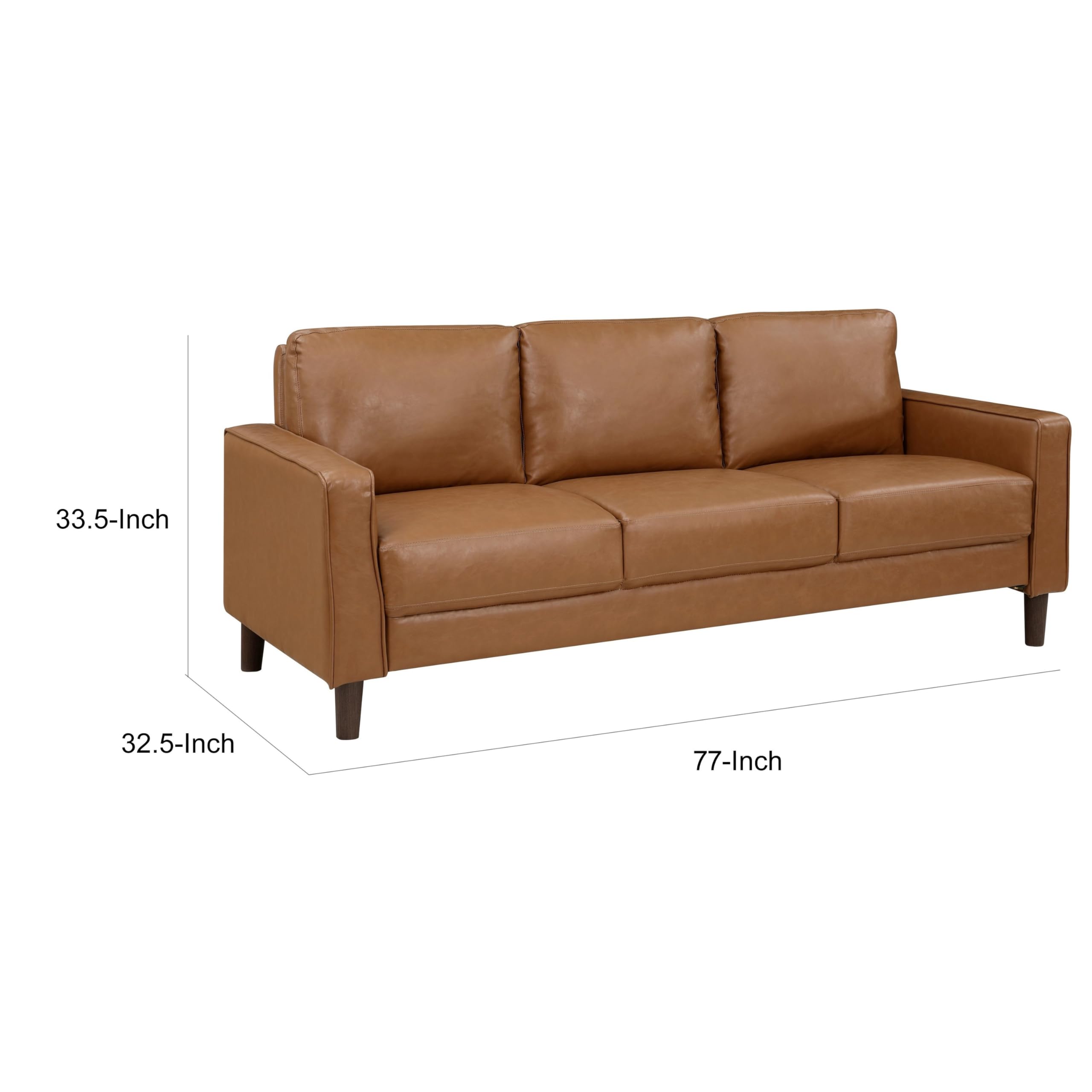 Benjara Stark 77 Inch Sofa, Brown Faux Leather, Track Style Arms, Solid Wood Frame