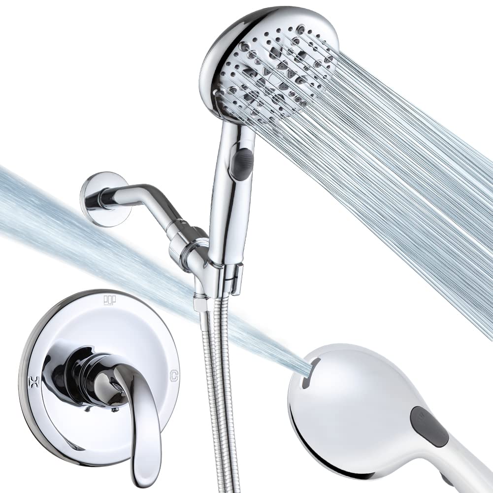 POP SANITARYWARE Shower Faucet Set Chrome, High Pressure 9-mode Handheld Shower Head System, Single Handle Shower Valve and Trim Kit, Built-in Power Spray to Clean