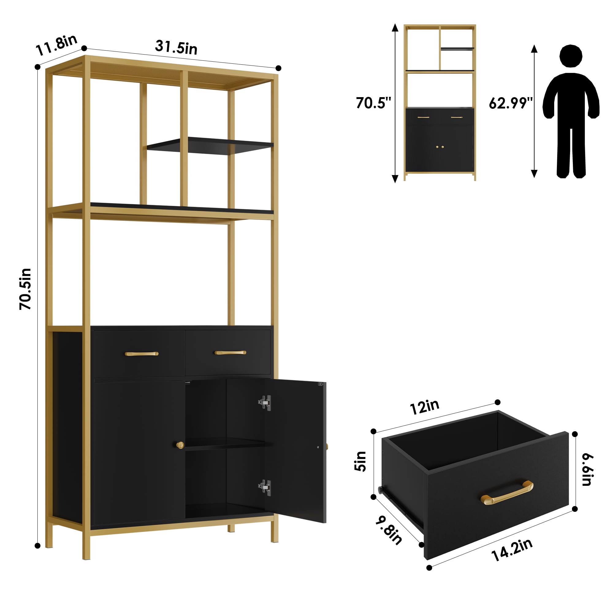 BOTLOG Tall Bookshelf, Bookcase with 2 Doors and 2 Drawers, Floor Standing Display Storage Shelves for Home Office, Living Room