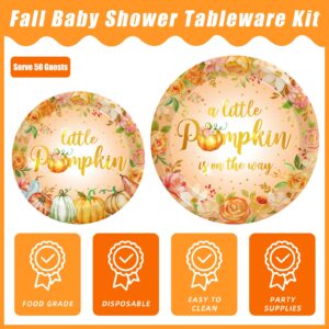 Kepeel 200Pcs Fall Little Pumpkin Baby Shower Plates and Napkins Set, Autumn A Little Pumpkin is on The Way Party Supplies Decorations Thanksgiving Baby Shower Birthday Party Tableware Kit, Serves 50