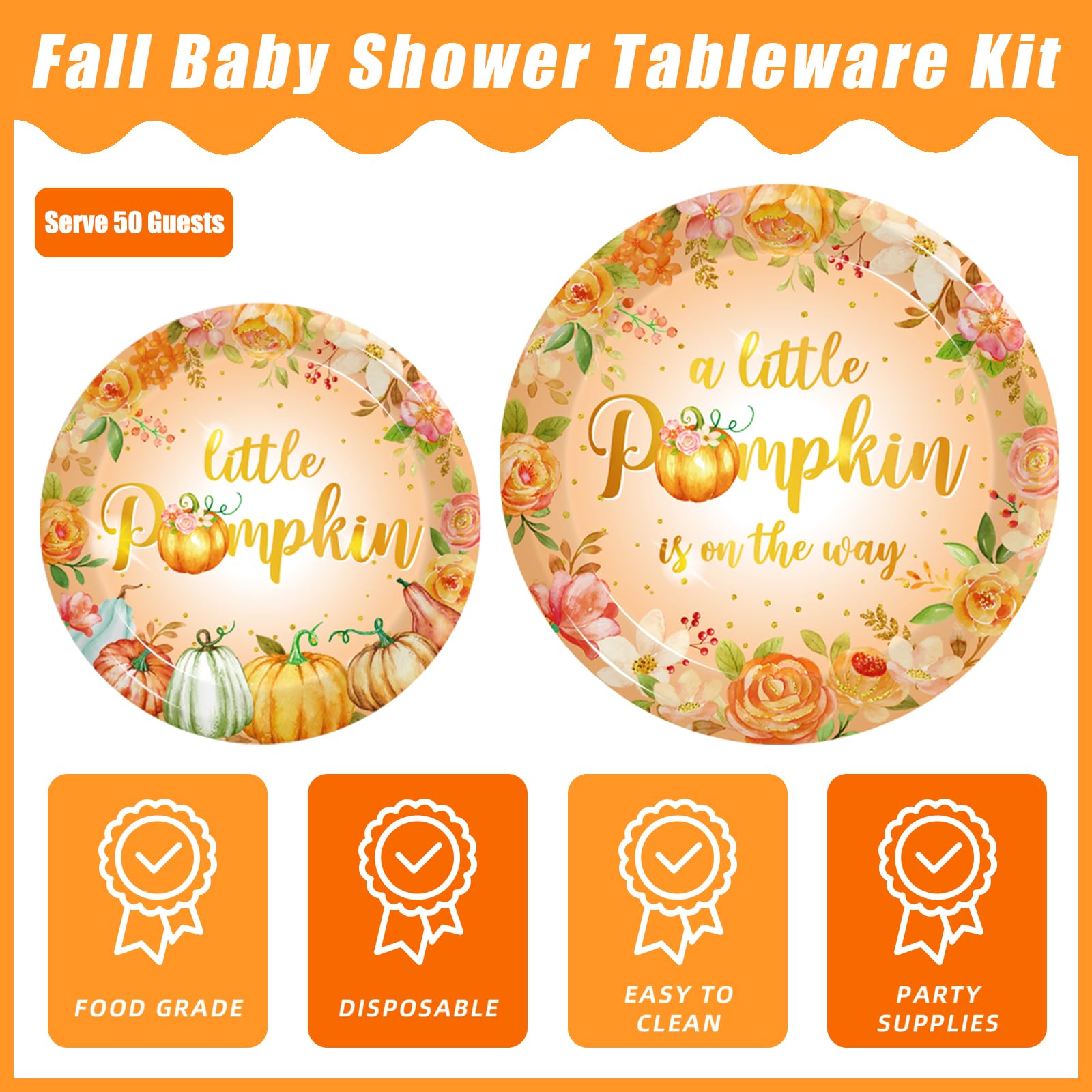 Kepeel 200Pcs Fall Little Pumpkin Baby Shower Plates and Napkins Set, Autumn A Little Pumpkin is on The Way Party Supplies Decorations Thanksgiving Baby Shower Birthday Party Tableware Kit, Serves 50