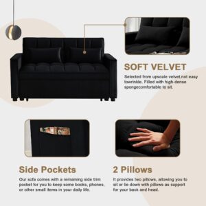 SumKea 55'' 3-in-1 Velvet Convertible Loveseat Sofa Bed-2-Seater Sleeper Couch with Pull-Out Bed, Reclining Backrest, Pillows, Pockets-Perfect for Small Spaces, Living Room Furniture, Dark Black