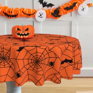 SuQKXCo Halloween Tablecloth Spider Web Orange Round Tablecloth 60 inch Table Cloths Cover Mat Spill Proof Table Covers for Kitchen Party Dinner Tabletop Decoration