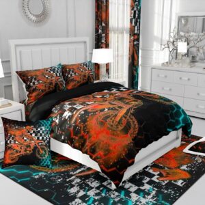 Feelyou Motocross Duvet Cover Set Black Orange Dirt Bike Rider Blue Orange Honeycomb Bedding Set Boys Racing Grid Comforter Cover Fashion Motorcycle Silhouette Quilt Cover Room 2Pcs Twin Size,Zipper