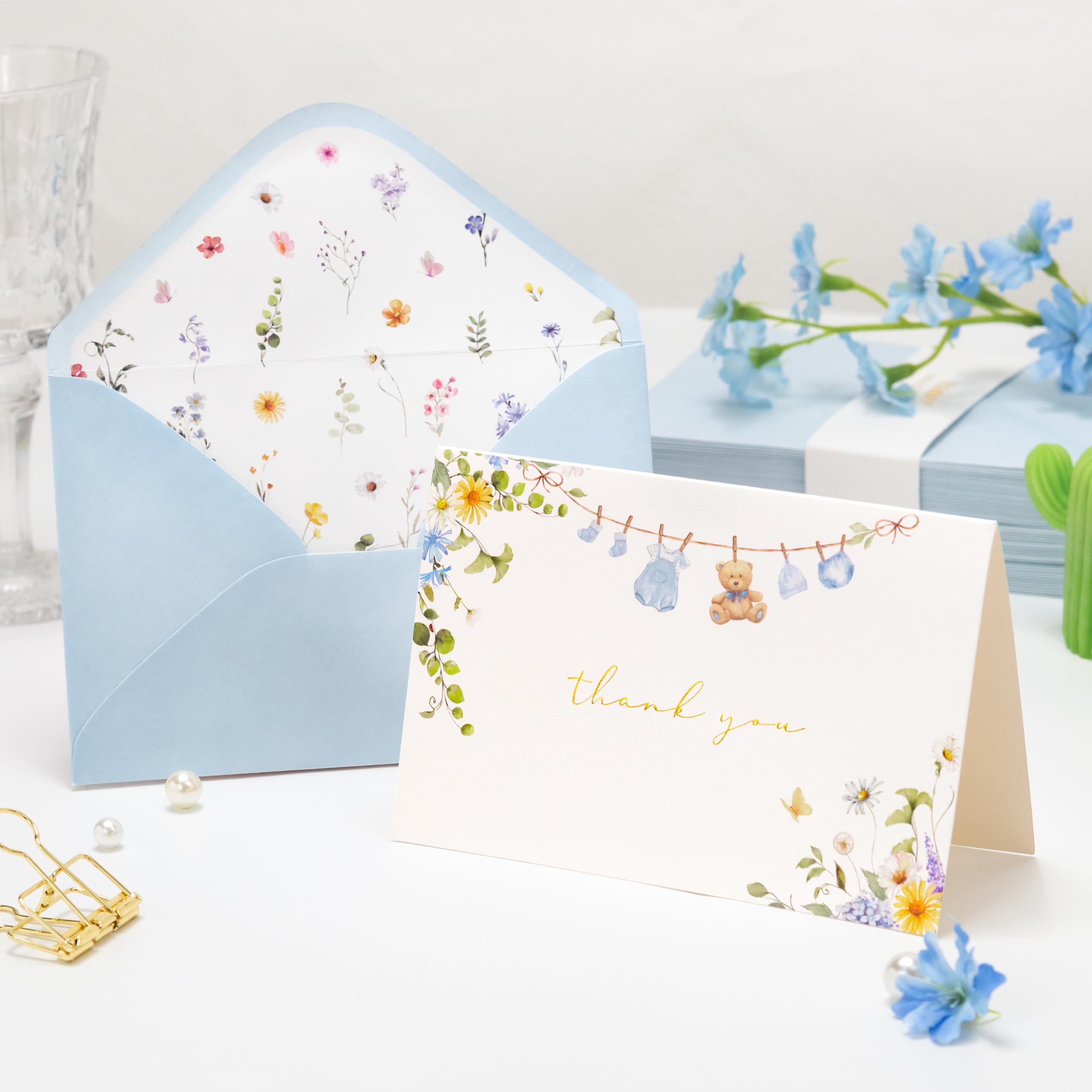 Crisky Baby Shower Blue Gold Thank You Cards (50 Pack) with Envelopes & Stickers Boy Baby Shower Greeting Cards Bulk, Watercolor Delicate Wildflower for Baby Shower Party