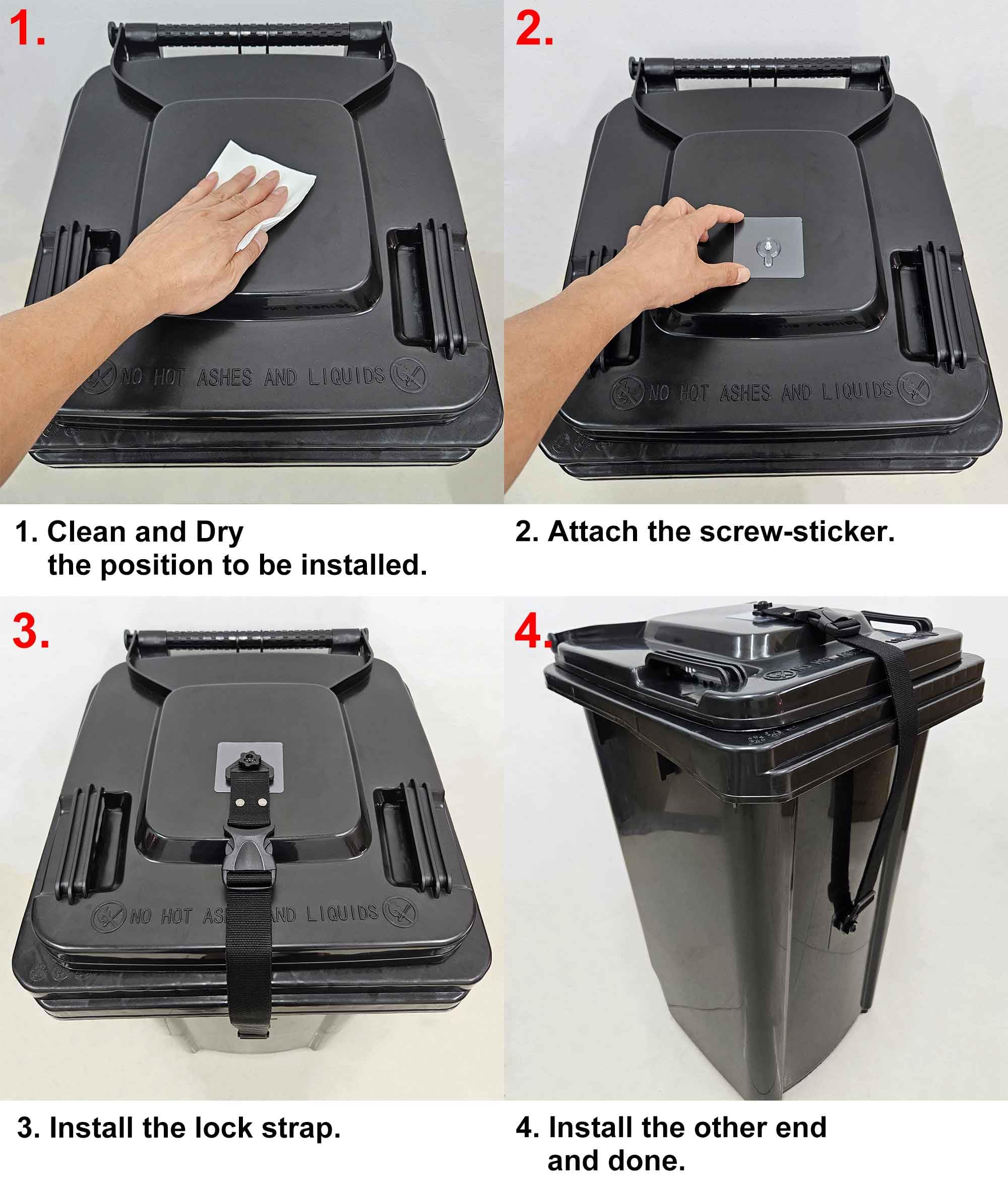 OeckuXIY 2 Pack Trash Can Lid Strap Locks, No Drill Garbage Can Latches, Adjustable Animals Proof Straps Use for Locking Outdoor Waste Bin, Recycling Container, Black