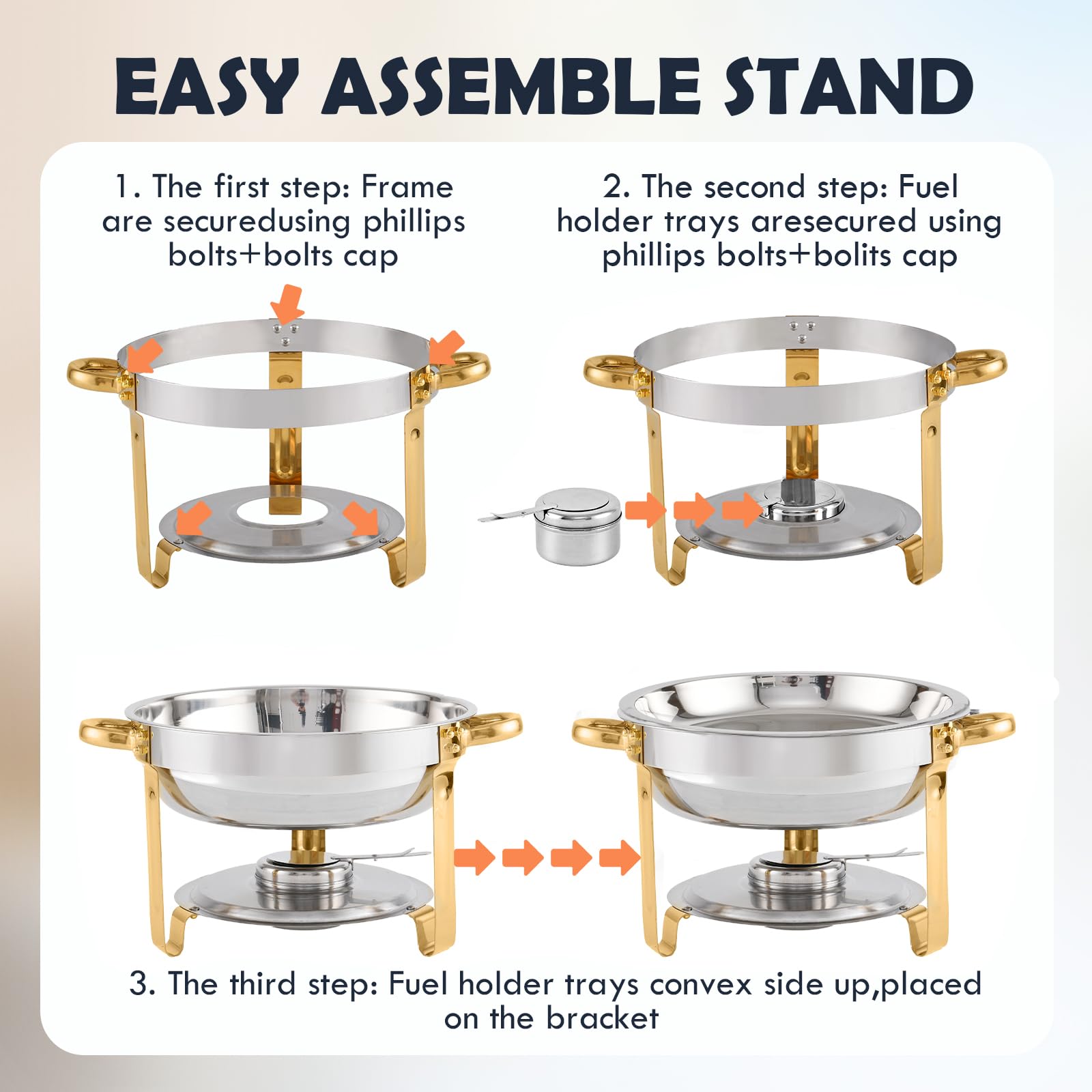 Gold Chafing Dish Buffet Set 5QT 4Packs, Stainless Steel Round Chafers with Glass Viewing Lid & Lid Holder, Buffet Servers and Warmers Set for Dinner, Parties, Wedding, Camping