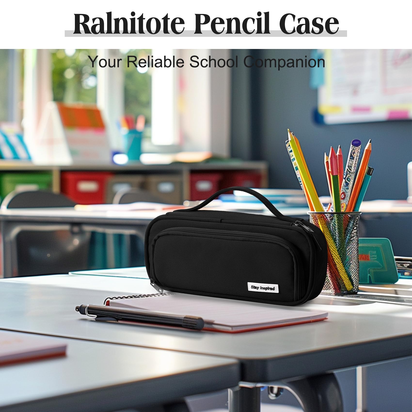 Ralnitote Large Pencil Case for Girls and Boys, Aesthetic Pencil Case Organizer with Handle, Cute Pencil Pouch for School & Office Supplies-Black