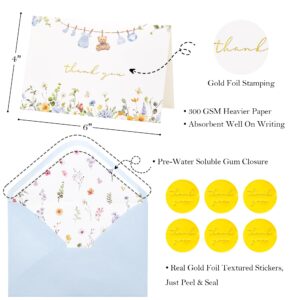 Crisky Baby Shower Blue Gold Thank You Cards (50 Pack) with Envelopes & Stickers Boy Baby Shower Greeting Cards Bulk, Watercolor Delicate Wildflower for Baby Shower Party