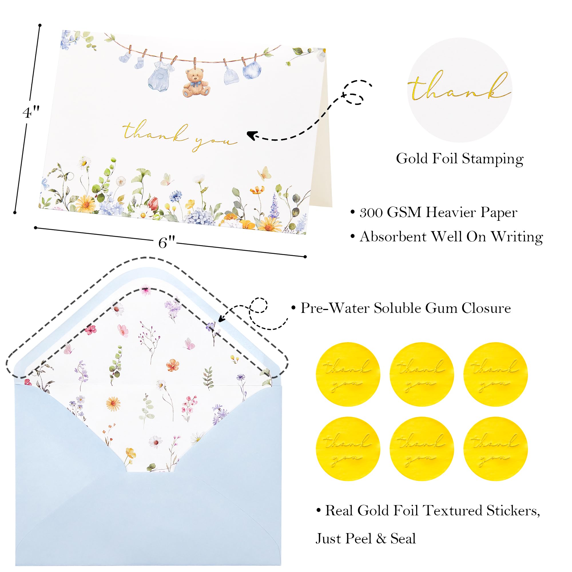 Crisky Baby Shower Blue Gold Thank You Cards (50 Pack) with Envelopes & Stickers Boy Baby Shower Greeting Cards Bulk, Watercolor Delicate Wildflower for Baby Shower Party