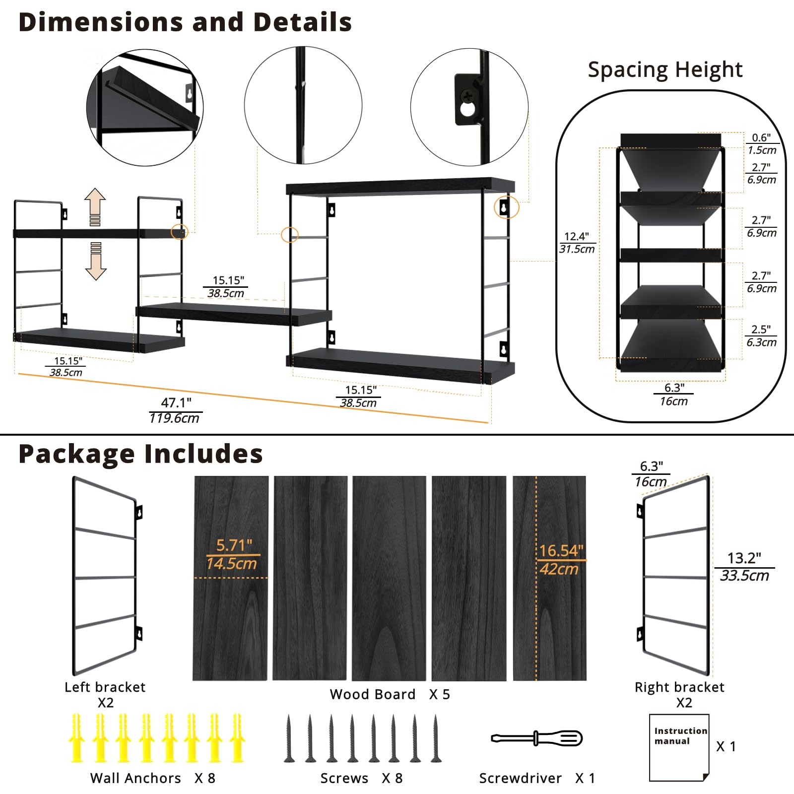 Eifiwot Floating Wall Shelves, Wooden partitions,Wall-Mounted Storage Rack, Various Combinations can be Adjusted, Suitable for Bedroom, Living Room, Office, or Any Other Space it Might fit (Black)