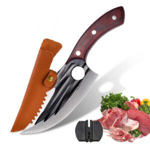 xnarlath butcher chef knife for meat cutting，high carbon steel meat cleaver processing,hand forged caveman viking knife with sheath，outdoor bbq camping knife (6.5in butcher knife)