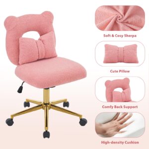 Furniliving Cute Vanity Desk Chair, Armless Home Office Desk Chair Height Adjustable with Wheels Upholstered Pillow for Makeup Room for Girls, Sherpa Pink