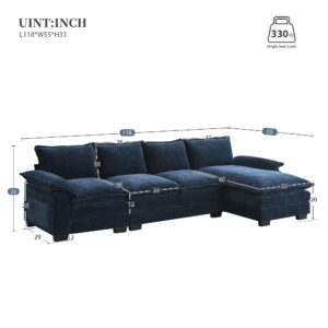 118" Oversized Modular Cloud Couch - Comfy Chenille Modular Sofa Convertible Upholstered L Shaped Sectional Sofa Cloud Couches with Chaise Lounge & Double Cushions for Living Room (Dark Blue)