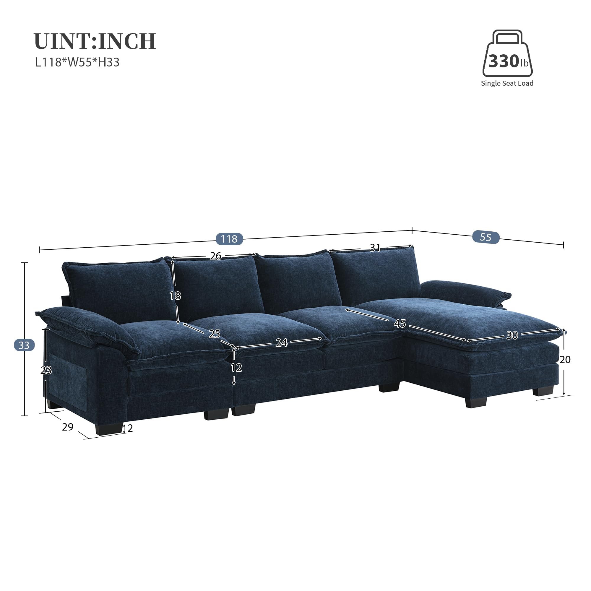 118" Oversized Modular Cloud Couch - Comfy Chenille Modular Sofa Convertible Upholstered L Shaped Sectional Sofa Cloud Couches with Chaise Lounge & Double Cushions for Living Room (Dark Blue)