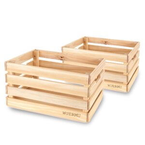 wuermu wooden crates are suitable for storage, milk crates, wine crates, toy crates, display and decoration, camping, and other purposes. they are sturdy and durable, set of 2 length of 17.7 inches.