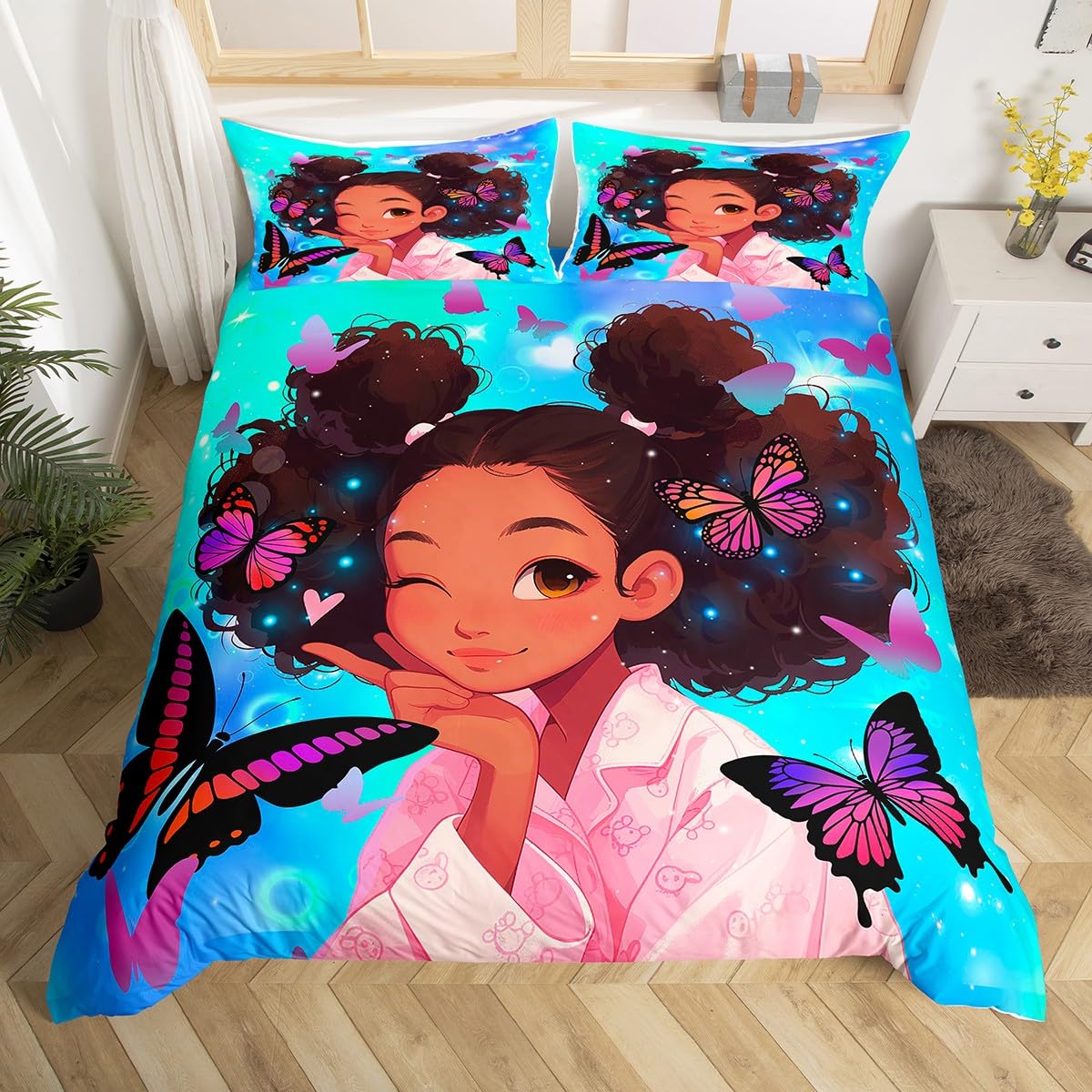 Cute Black Girls Bedding Set Full Size Pretty Girls Duvet Cover, American Black Girls Comforter Cover for Girls Kids Kawaii Princess Bedroom Decor, Afro Girls Bedspread Cover Dreamy Butterfly Bedding